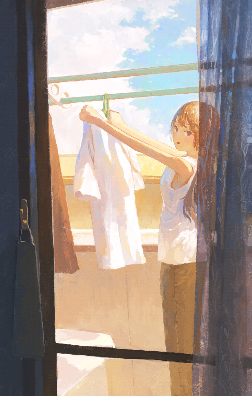 1girl black_eyes brown_hair brown_pants clothesline clouds cloudy_sky curtains day drying drying_clothes fjsmu highres indoors laundry long_hair open_mouth original pants shirt sky solo white_shirt