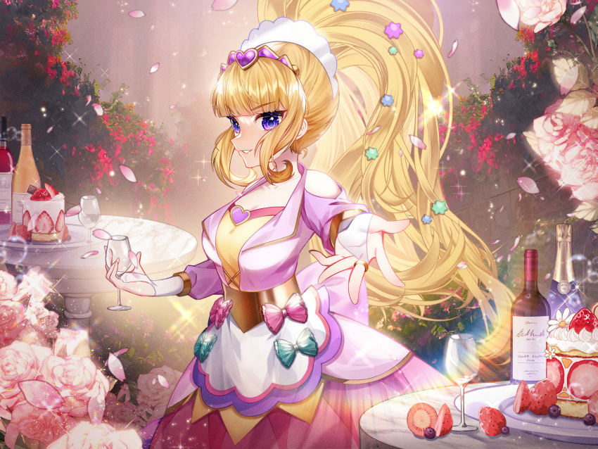 1girl absurdres apron bangs big_hair blonde_hair blueberry blunt_bangs bottle bridal_gauntlets cake closed_mouth clothing_cutout commentary commission cup cure_finale day delicious_party_precure dessert dress drinking_glass english_commentary flower food fruit gloves hair_ornament hando_2020 heart heart_hair_ornament highres holding holding_cup kasai_amane lens_flare light_particles long_hair long_sleeves looking_at_viewer magical_girl medium_dress outdoors petals pink_flower pink_rose plate precure purple_dress purple_headwear rainbow reaching_towards_viewer rose shoulder_cutout sidelocks smile solo sparkle standing strawberry strawberry_cake sunlight table tiara violet_eyes waist_apron white_gloves wine_bottle wine_glass