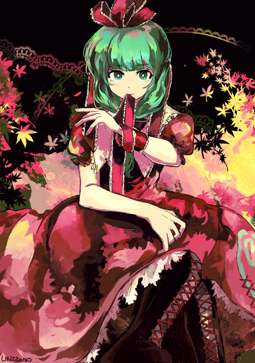 1girl abstract_background absurdres artist_name bangs boots bright_pupils brown_footwear closed_mouth commentary_request cross-laced_footwear dress expressionless fingernails foot_out_of_frame frilled_ribbon frilled_sleeves frills front_ponytail green_eyes green_hair hair_ribbon highres kagiyama_hina leaf long_dress long_hair looking_at_viewer maple_leaf mouth_hold puffy_short_sleeves puffy_sleeves red_dress red_ribbon ribbon short_sleeves solo touhou uninosono white_pupils wrist_ribbon