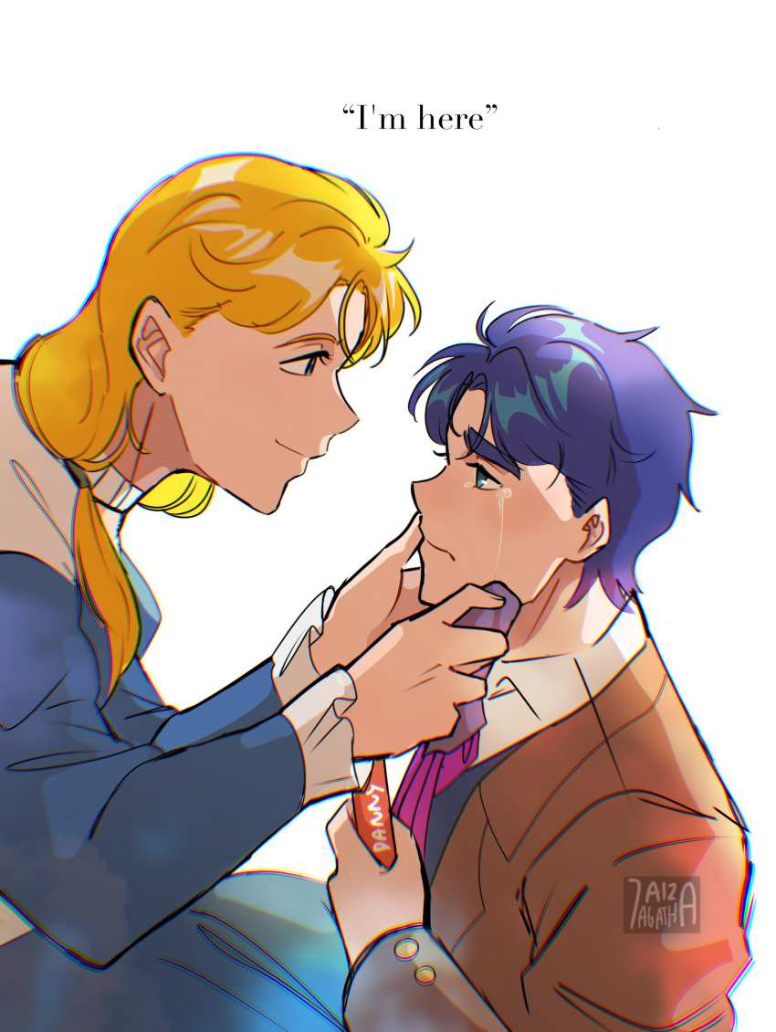 1boy 1girl 7aizagatha absurdres aged_down blonde_hair blue_dress blue_eyes blue_hair comforting crying crying_with_eyes_open dress english_text erina_pendleton highres holding holding_handkerchief jacket jojo_no_kimyou_na_bouken jonathan_joestar long_hair long_sleeves looking_at_another phantom_blood short_hair smile tears time_paradox white_background wiping_tears