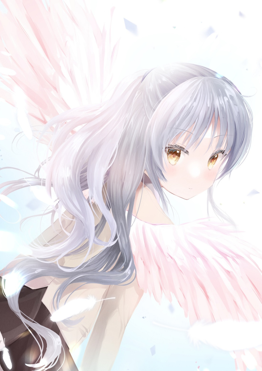 1girl angel angel_beats! angel_wings bangs black_skirt blush commentary english_commentary expressionless eyelashes falling_feathers feathers head_tilt highres long_hair looking_at_viewer school_uniform shirt sidelocks simple_background skirt solo tachibana_kanade takepoison v-shaped_eyebrows very_long_hair white_background white_feathers white_hair white_shirt wings yellow_eyes