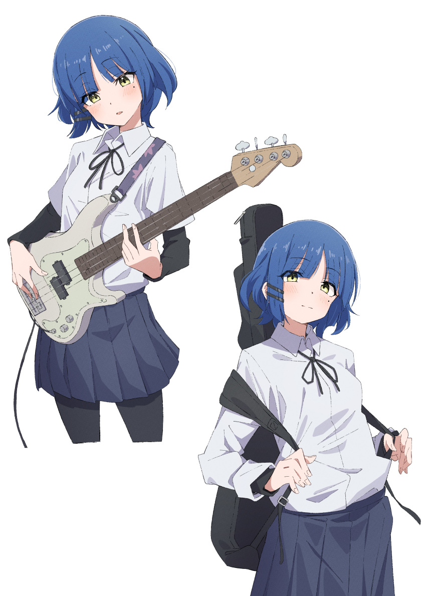 1girl absurdres bass_guitar black_pantyhose black_shirt blue_hair blue_skirt bocchi_the_rock! breasts cable closed_mouth collared_shirt eito12 fender_precision_bass guitar guitar_case hair_ornament hairclip highres holding holding_instrument instrument instrument_case long_sleeves looking_at_viewer mole mole_under_eye multiple_views neck_ribbon open_mouth pantyhose pleated_skirt ribbon shirt short_hair short_sleeves sidelocks simple_background skirt small_breasts white_background white_shirt yamada_ryou yellow_eyes