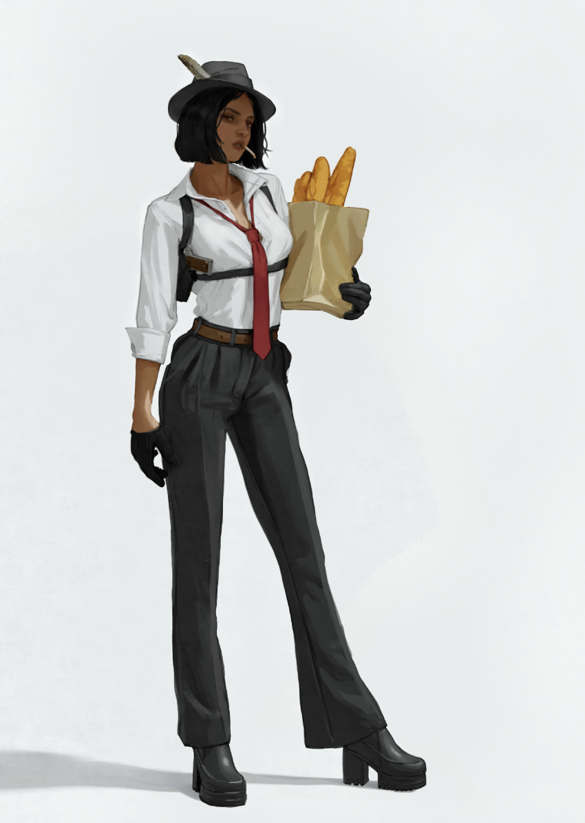 1girl alternate_costume atamagaitai bag baguette belt black_footwear black_gloves black_hair bread brown_belt brown_eyes brown_lips cigarette collared_shirt commentary contemporary dark-skinned_female dark_skin elden_ring english_commentary fashion food full_body gloves grey_headwear hat high_heels highres holding holding_bag lips looking_at_viewer necktie nepheli_loux paper_bag red_necktie shadow shirt short_hair simple_background sleeves_rolled_up solo white_background white_shirt