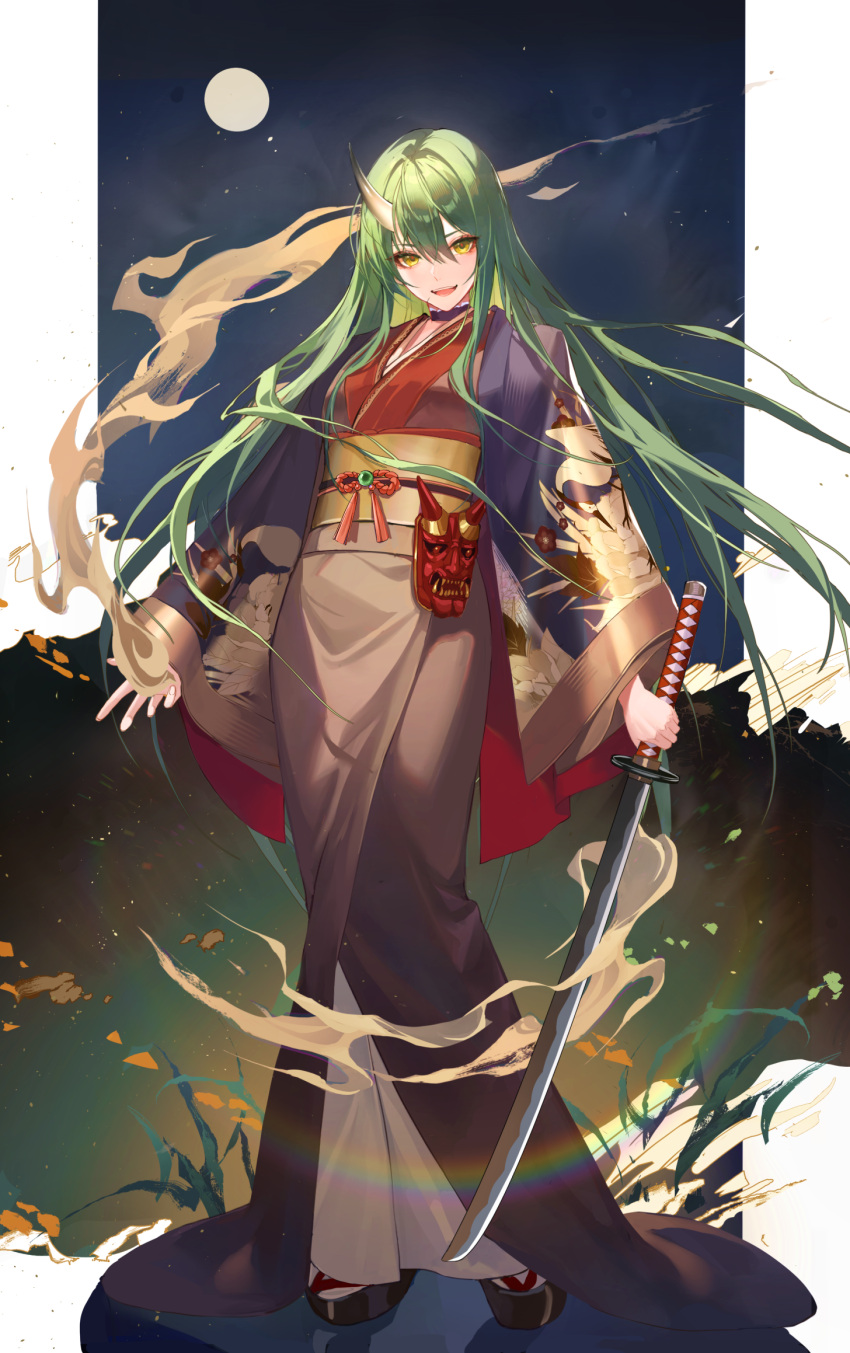 1girl :d alternate_costume arknights bangs black_kimono commentary_request fire full_body full_moon geta green_hair highres holding holding_sword holding_weapon horns hoshiguma_(arknights) japanese_clothes katana kernel_killer kimono long_hair long_sleeves looking_at_viewer mask moon night night_sky oni_mask open_mouth outdoors platform_footwear single_horn skin-covered_horns sky smile solo standing sword tabi very_long_hair weapon wide_sleeves yellow_eyes