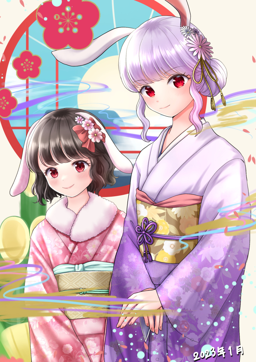 2girls alternate_hairstyle animal_ears bangs black_hair blush bow chinese_zodiac closed_mouth commentary_request cowboy_shot dated floppy_ears floral_print flower hair_bow hair_bun hair_flower hair_ornament highres inaba_tewi japanese_clothes kadomatsu kimono kyabekko looking_at_viewer multiple_girls obi own_hands_together pink_flower pink_kimono print_kimono print_sash purple_hair purple_kimono rabbit_ears rabbit_girl red_bow red_eyes reisen_udongein_inaba sash short_hair smile touhou wavy_hair white_flower year_of_the_rabbit yellow_sash