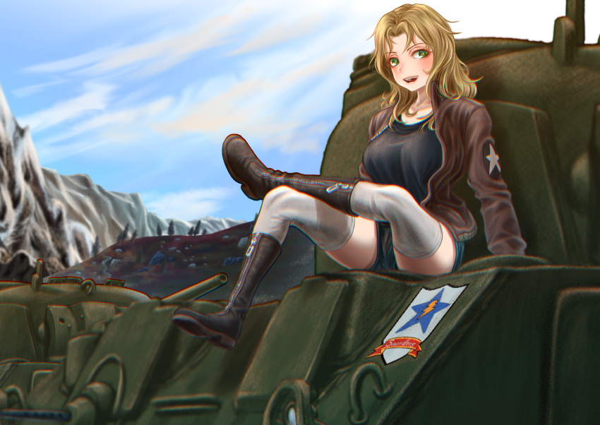 1girl black_footwear black_shirt blonde_hair blue_eyes blue_shorts blue_sky boots brown_jacket clouds cloudy_sky commentary crossed_legs day denim denim_shorts emblem girls_und_panzer ground_vehicle highres jacket kay_(girls_und_panzer) long_hair long_sleeves looking_at_viewer m4_sherman military military_uniform military_vehicle motor_vehicle mountainous_horizon on_vehicle open_clothes open_jacket open_mouth outdoors saunders_(emblem) saunders_military_uniform shirt short_shorts shorts sitting sky smile solo star_(symbol) tank thigh-highs tigern_(tigern28502735) uniform white_thighhighs zipper