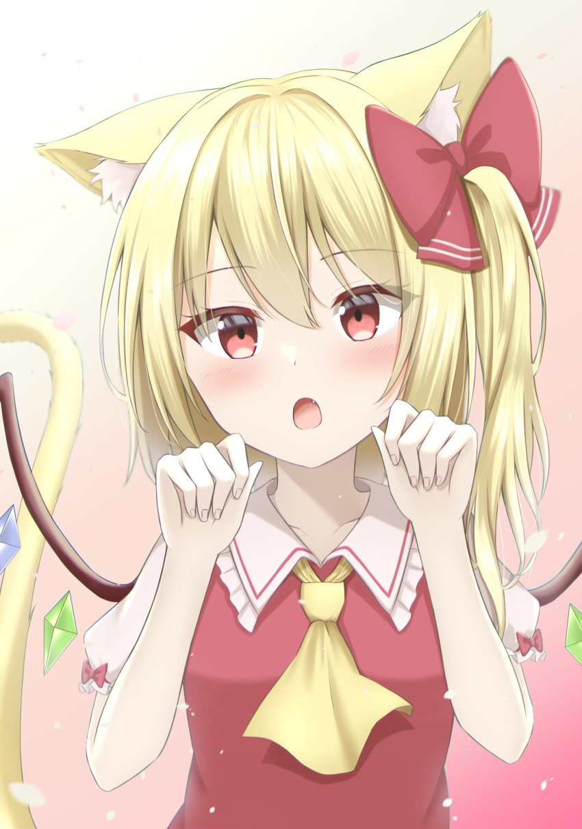1girl :o absurdres animal_ear_fluff animal_ears bangs bat_wings blonde_hair blush bow cat_ears cat_tail collar collarbone commentary crystal eyelashes fang flandre_scarlet frilled_collar frills gradient_background hair_between_eyes hair_bow hands_up highres looking_at_viewer medium_hair neckerchief paw_pose pink_background puffy_short_sleeves puffy_sleeves red_bow red_eyes shirt short_sleeves side_ponytail simple_background solo szl tail touhou upper_body white_background white_shirt wing_collar wings yellow_fur yellow_neckerchief