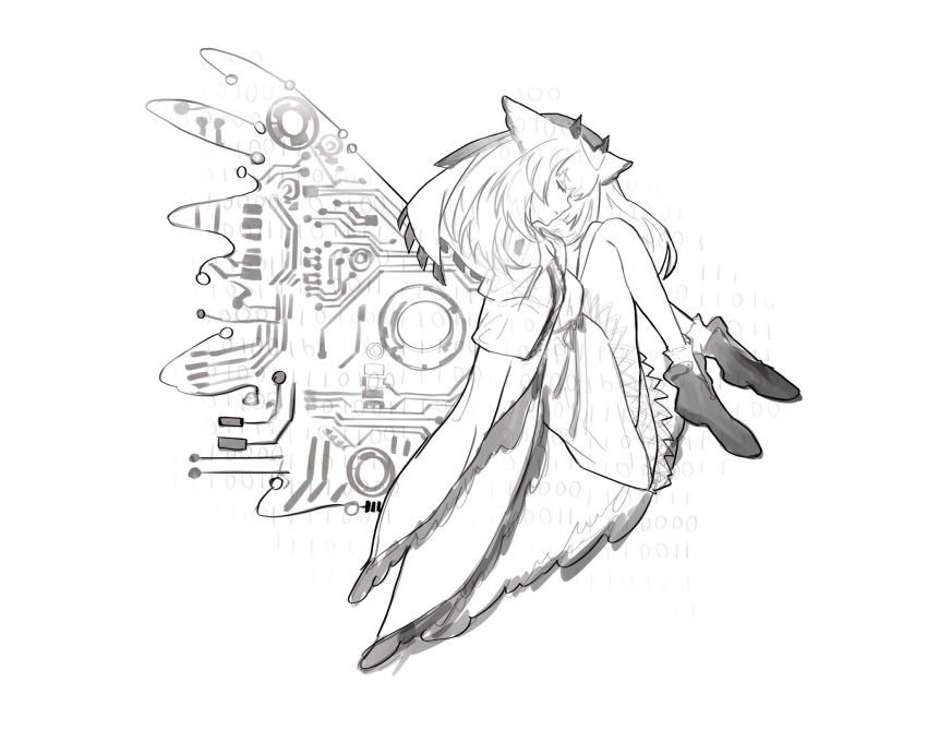 1girl arknights binary circuit_board closed_eyes dress fetal_position full_body greyscale hands_on_own_chest headwear_request highres long_hair monochrome ptilopsis_(arknights) shoes simple_background sketch socks solo white_background xiao_tuan_yue
