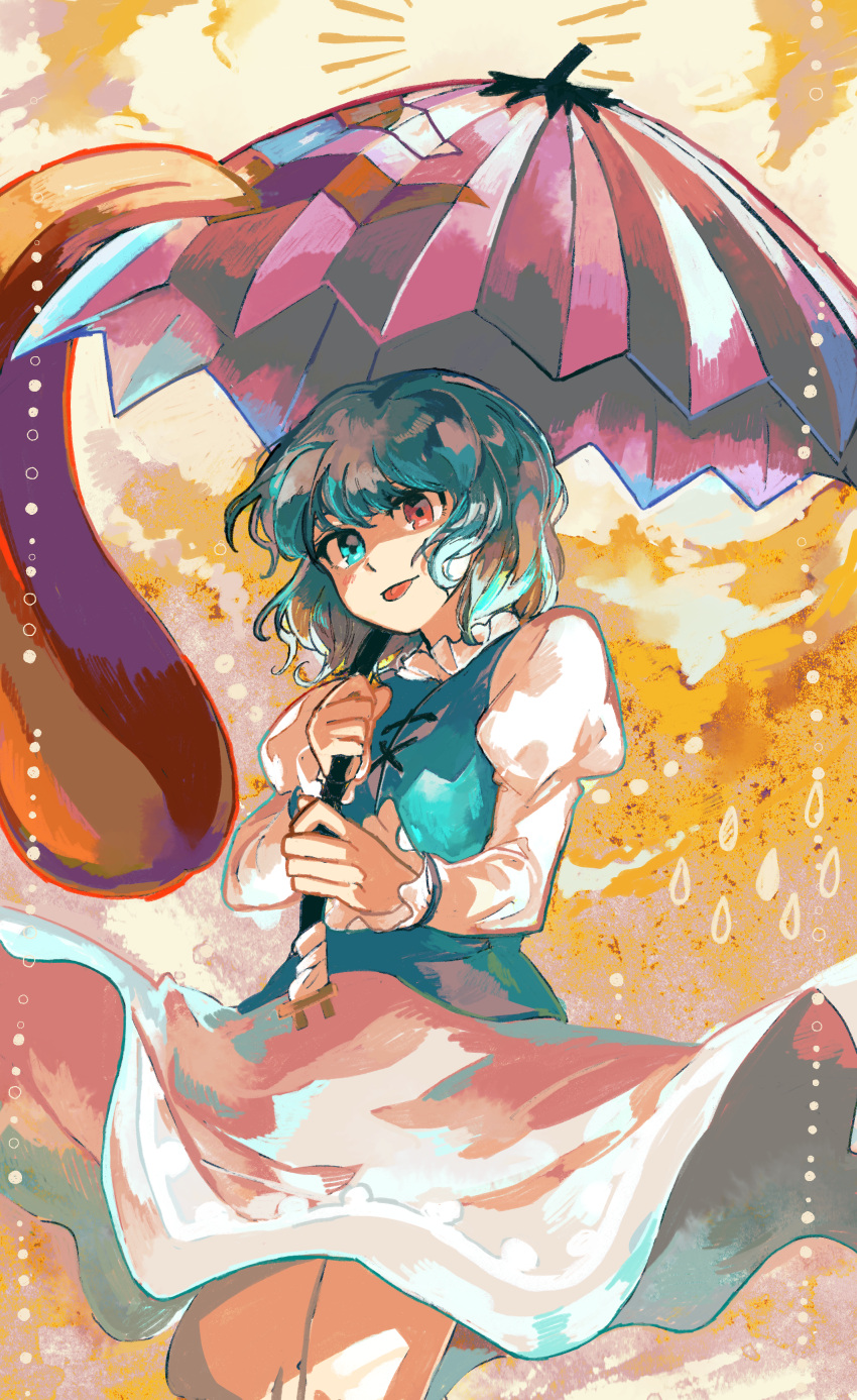 1girl absurdres bangs blue_eyes blue_hair blue_vest breasts closed_mouth commentary_request feet_out_of_frame heterochromia highres holding holding_umbrella juliet_sleeves karakasa_obake long_sleeves looking_at_viewer orange_background puffy_sleeves purple_umbrella red_eyes shadow shirt short_hair skirt small_breasts smile solo tatara_kogasa tongue touhou umbrella uninosono vest white_shirt white_skirt