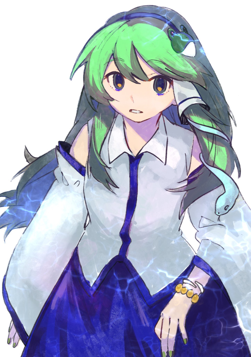 1girl bangs bare_shoulders blue_eyes blue_skirt detached_sleeves fingernails frog_hair_ornament green_hair green_nails hair_between_eyes hair_ornament hair_tubes highres japanese_clothes kochiya_sanae long_hair nail_polish nontraditional_miko open_mouth simple_background skirt snake_hair_ornament solo suehachi_(hikage) touhou upper_body white_background white_sleeves wide_sleeves