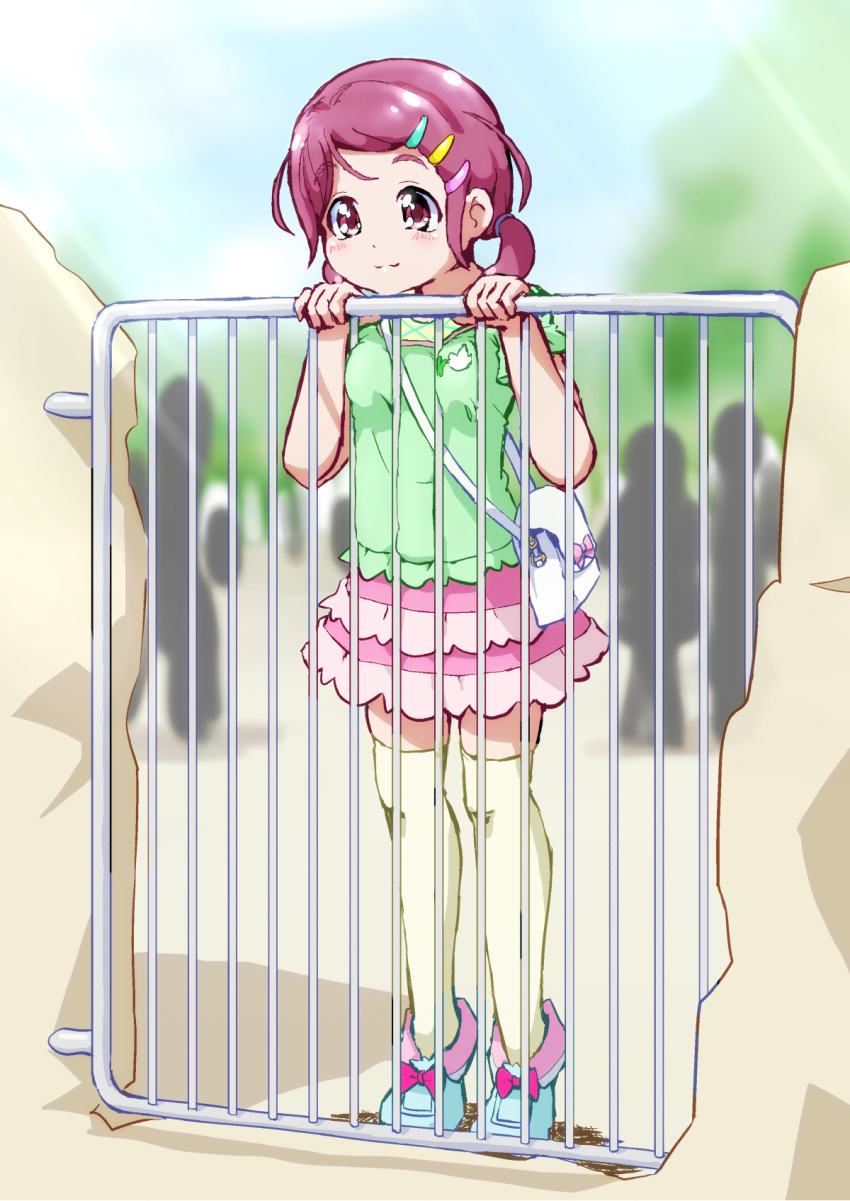 1girl blue_footwear child cure_cotton female_child full_body gate green_shirt hair_ornament hairclip highres hugtto!_precure low_twintails nono_kotori outdoors pink_skirt precure purple_hair shirt shoes short_hair short_sleeves short_twintails skirt smile solo thigh-highs tiptoes twintails violet_eyes white_thighhighs