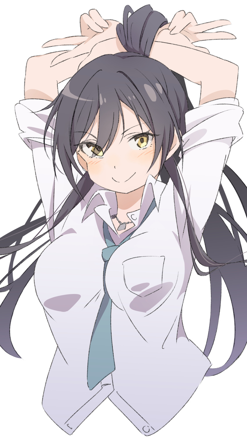 1girl absurdres arms_up black_hair blush breast_pocket breasts closed_mouth collared_shirt cropped_torso eito12 highres idolmaster idolmaster_shiny_colors jewelry long_hair long_sleeves looking_at_viewer medium_breasts necklace necktie pocket ponytail shirase_sakuya shirt simple_background sleeves_rolled_up smile solo upper_body white_background yellow_eyes