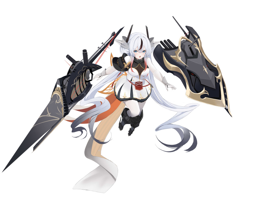 1girl absurdres azur_lane black_footwear blue_eyes bodysuit colored_tips commentary_request dress fleur-de-lis hair_between_eyes highres kuyoumi l'indomptable_(azur_lane) long_hair mechanical_boots multicolored_hair open_mouth rigging simple_background solo streaked_hair twintails white_background white_dress white_hair