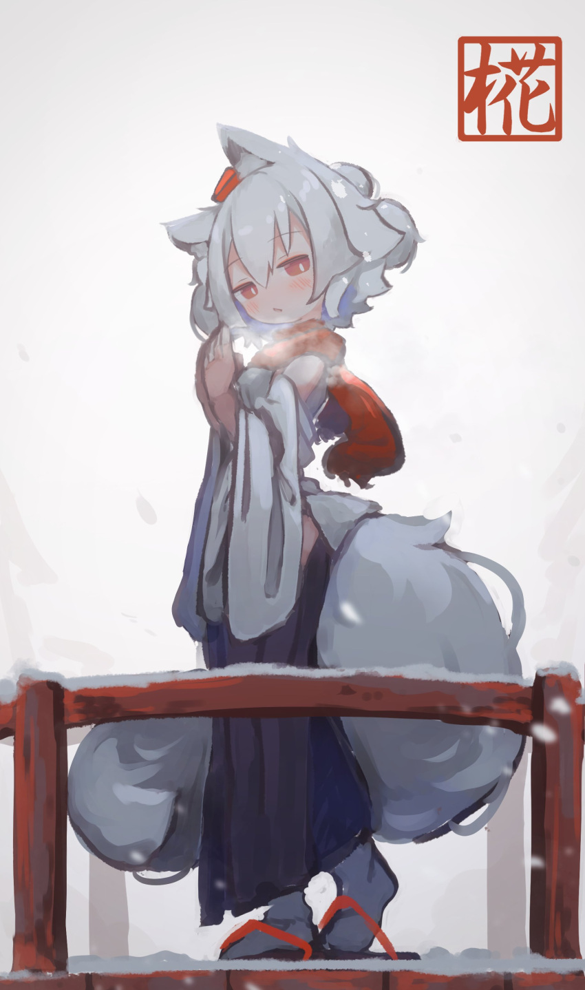 1girl absurdres animal_ears bangs black_skirt blush breath character_name chii_(tsumami_tsumamare) detached_sleeves full_body hair_between_eyes highres inubashiri_momiji japanese_clothes parted_lips red_eyes red_scarf scarf short_hair skirt snow solo tail touhou white_hair white_sleeves wide_sleeves wolf_ears wolf_tail
