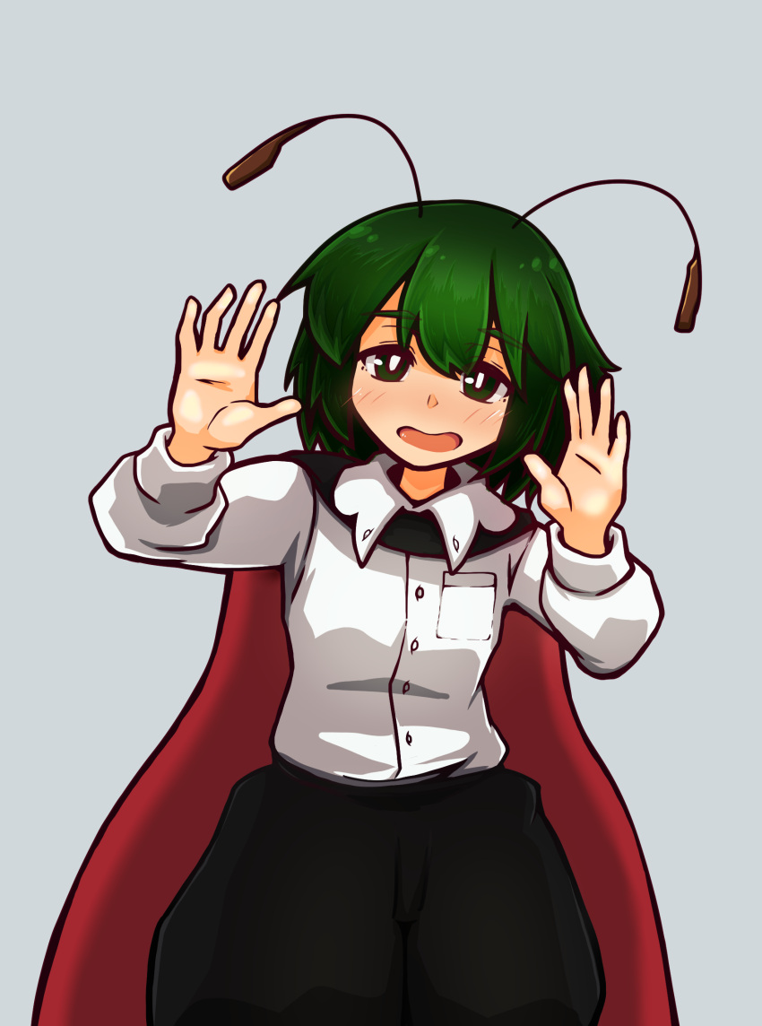 1girl absurdres antennae bangs black_cape black_shorts blush breast_pocket breasts bright_pupils buttons cape collared_shirt commentary_request cowboy_shot green_eyes green_hair grey_background highres kide_koushin long_sleeves looking_at_viewer open_mouth pocket red_cape shirt short_hair shorts simple_background small_breasts solo touhou two-sided_cape two-sided_fabric white_pupils white_shirt wriggle_nightbug