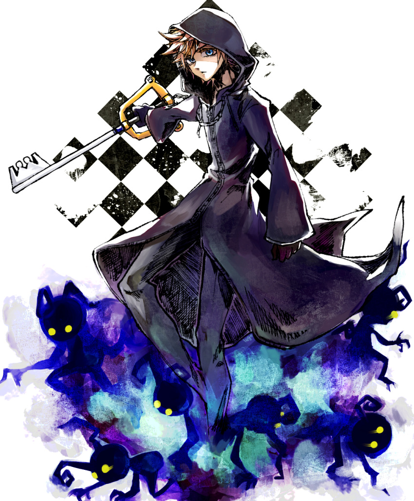 13rk 1boy black_gloves black_pants black_robe blue_eyes brown_hair frown gloves heartless highres holding holding_key holding_weapon hooded_robe key keyblade kingdom_hearts male_focus pants robe roxas short_hair solo spiky_hair weapon zipper