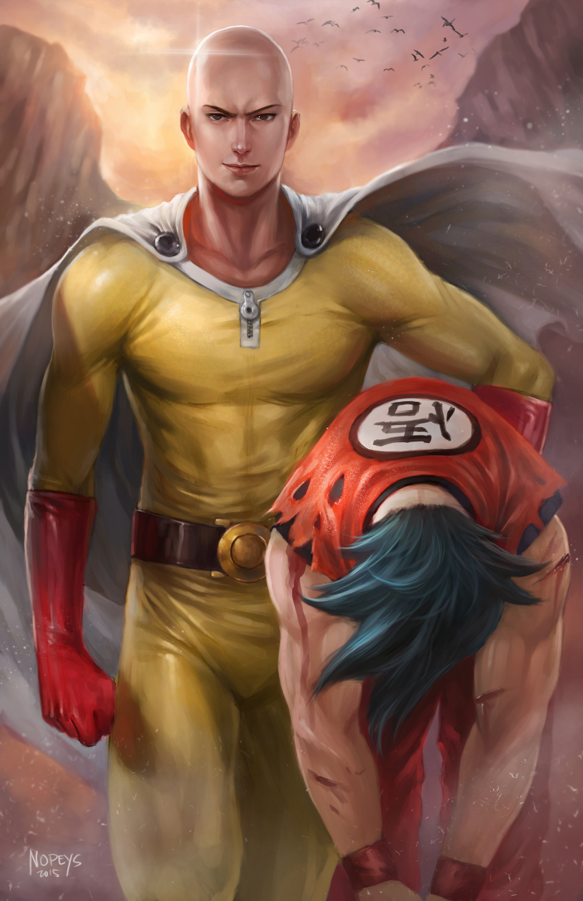 2boys abs absurdres angry artist_name bald bare_arms black_hair blood blood_on_arm blood_on_clothes bodysuit canyon cape carrying carrying_under_arm clenched_hand closed_mouth collarbone commentary dragon_ball glint gloves highres looking_at_viewer male_focus multiple_boys muscular nopeys one-punch_man orange_pants orange_shirt pants pectorals red_gloves red_wristband saitama_(one-punch_man) scar shiny_skin shirt signature smile son_goku spiky_hair standing torn_clothes web_address white_cape yellow_bodysuit