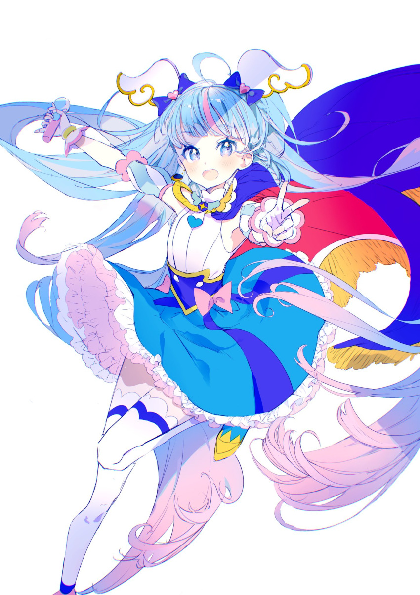 1girl ahoge blue_eyes blue_hair blue_skirt cape commentary cure_sky detached_sleeves gloves gradient_hair highres hirogaru_sky!_precure long_hair magical_girl multicolored_hair open_mouth pink_hair precure puffy_detached_sleeves puffy_sleeves seika_(yuimarutoka0219) single_sidelock skirt smile solo sora_harewataru thigh-highs two-sided_cape two-sided_fabric very_long_hair white_gloves white_thighhighs wing_hair_ornament
