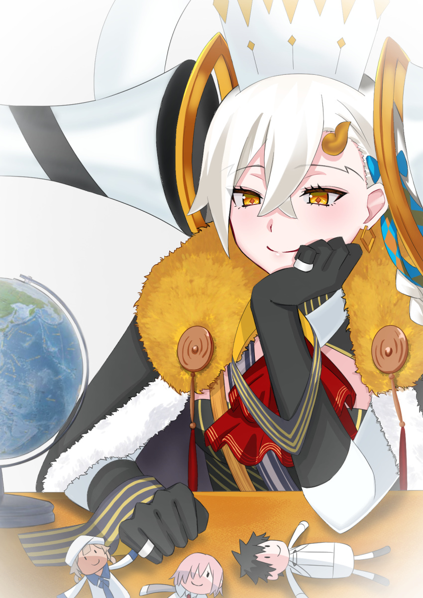 1girl 4uu_(radicalmp_head) ascot bangs black_cape black_gloves cape character_doll closed_mouth commentary_request doll earrings fate/grand_order fate_(series) fujimaru_ritsuka_(male) fujimaru_ritsuka_(male)_(decisive_battle_chaldea_uniform) fur-trimmed_cape fur_trim globe gloves hair_between_eyes hair_ornament head_rest highres horns jewelry looking_down marine_nemo_(fate) mash_kyrielight nemo_(fate) olga_marie_animusphere red_ascot ring single_horn smile solo table u-olga_marie white_background white_hair yellow_eyes yellow_horns