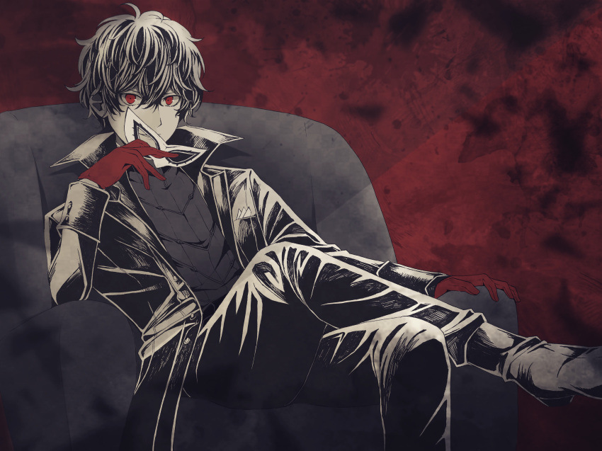 11_10_11 1boy absurdres amamiya_ren bangs black_hair closed_mouth coat collared_coat couch crossed_legs dark_background domino_mask gloves greyscale hair_between_eyes hand_rest highres holding holding_mask limited_palette long_sleeves looking_at_viewer male_focus mask mask_removed monochrome on_couch open_clothes open_coat pants partially_colored persona persona_5 pocket pocket_square popped_collar red_background red_eyes red_gloves shirt shoes short_hair sitting solo third-party_source turtleneck