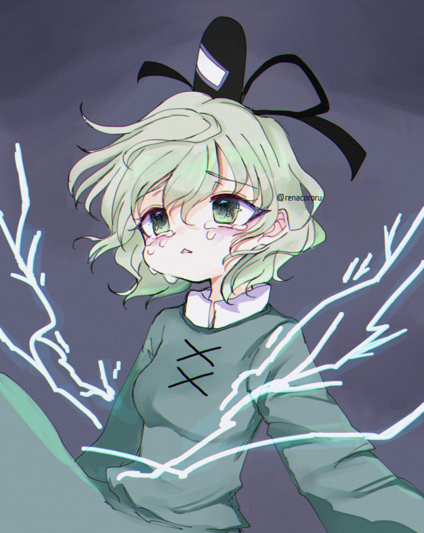 1girl black_headwear cross-laced_clothes crying crying_with_eyes_open dress electricity green_dress green_eyes green_hair grey_background hair_between_eyes hat highres long_sleeves one-hour_drawing_challenge open_mouth renakobonb short_hair soga_no_tojiko solo tate_eboshi tears touhou twitter_username upper_body