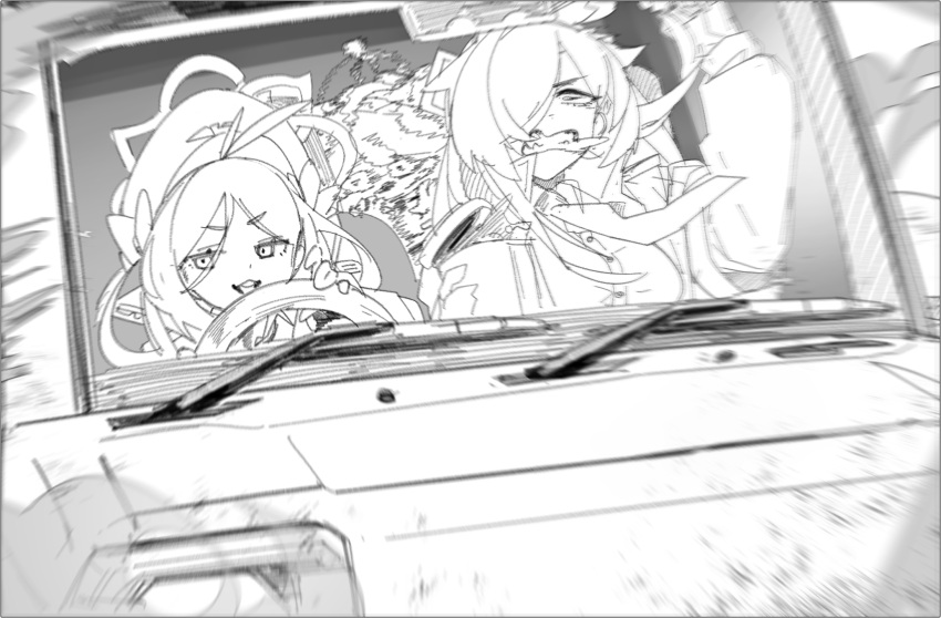 3girls antenna_hair bangs behalter blue_archive blurry bow chestnut_mouth clenched_teeth depth_of_field drifting drink driving drooling emphasis_lines english_commentary fubuki_(blue_archive) greyscale ground_vehicle hair_bow hair_over_one_eye half-closed_eyes halo hat highres holding holding_drink jacket jeep kanna_(blue_archive) kirino_(blue_archive) long_hair monochrome motion_blur motor_vehicle multiple_girls multiple_hair_bows necktie open_clothes open_jacket open_mouth parted_bangs peaked_cap short_eyebrows sideways_glance smile steering_wheel teeth v-shaped_eyebrows
