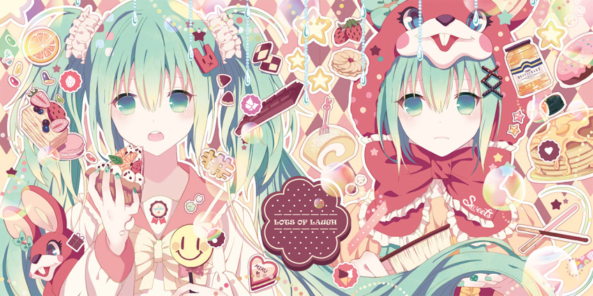 2girls animal_hood aqua_eyes aqua_hair blush candy collared_shirt commentary_request dress dual_persona food frilled_dress frilled_skirt frilled_sleeves frills gloves hatsune_miku heart hood hoodie long_hair long_sleeves looking_at_viewer lots_of_laugh_(vocaloid) multiple_girls open_mouth pancake rabbit_hood red_gloves red_ribbon rednian ribbon shirt short_sleeves skirt stuffed_animal stuffed_bunny stuffed_toy twintails very_long_hair vocaloid