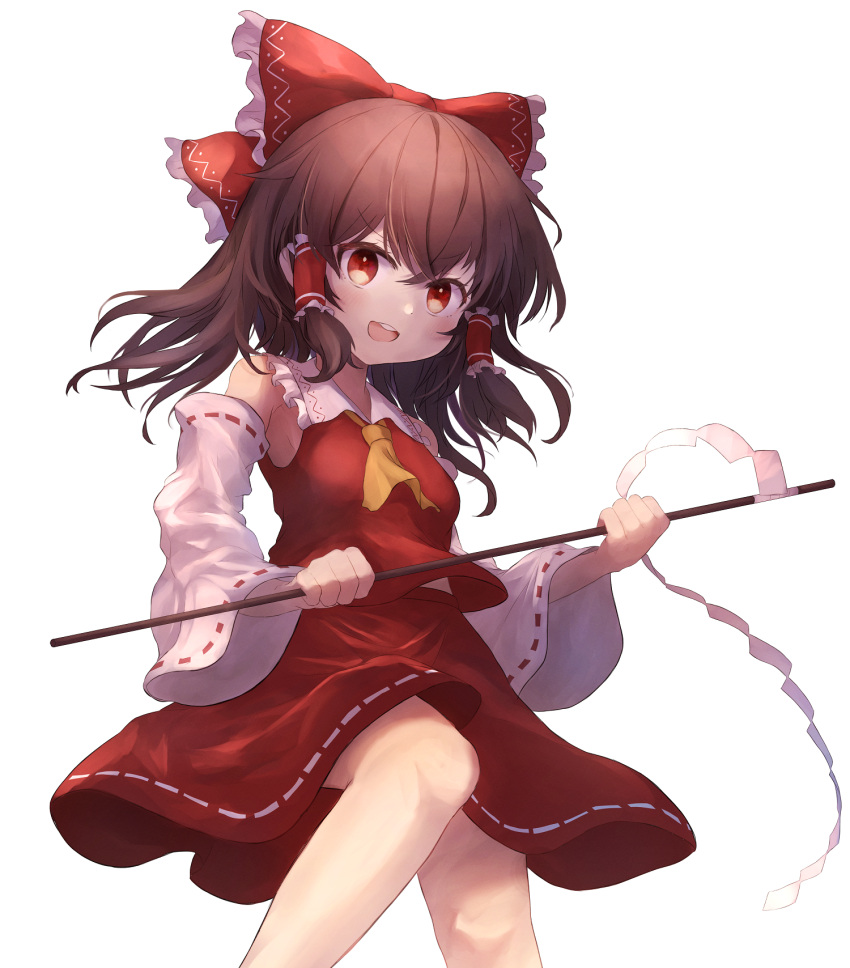 1girl ar_(maeus) bare_shoulders blush bow brown_hair detached_sleeves feet_out_of_frame gohei hair_between_eyes hair_bow hair_tubes hakurei_reimu highres holding japanese_clothes long_hair nontraditional_miko open_mouth red_bow red_eyes red_skirt ribbon-trimmed_sleeves ribbon_trim sidelocks simple_background skirt smile solo teeth touhou upper_teeth_only white_background white_sleeves wide_sleeves