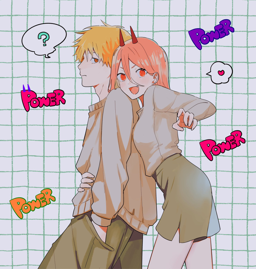1boy 1girl ? blonde_hair chainsaw_man character_name cross-shaped_pupils denji_(chainsaw_man) fang grey_sweater grid_background gurukousu hair_between_eyes hands_in_pockets heart highres horns long_hair looking_at_viewer open_mouth orange_eyes pink_hair power_(chainsaw_man) red_horns shirt_tucked_in short_hair shorts sideways_glance smile spoken_heart spoken_question_mark sweater symbol-shaped_pupils yellow_eyes