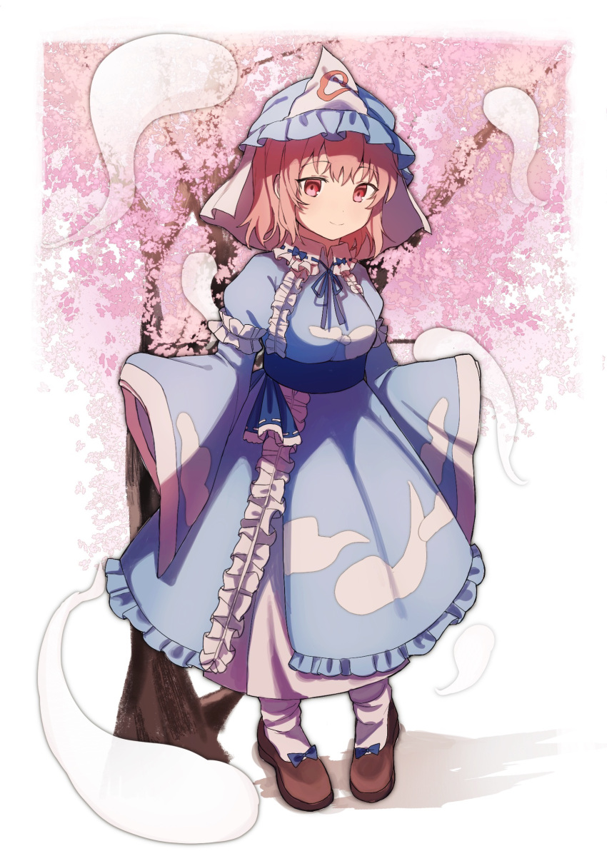 1girl blue_headwear blue_kimono brown_footwear cherry_blossoms closed_mouth frilled_kimono frills full_body hat highres japanese_clothes kimono mob_cap pink_eyes pink_hair saigyouji_yuyuko shoes short_hair sleeves_past_fingers sleeves_past_wrists smile socks solo standing sweetpotatojelly touhou triangular_headpiece white_socks wide_sleeves