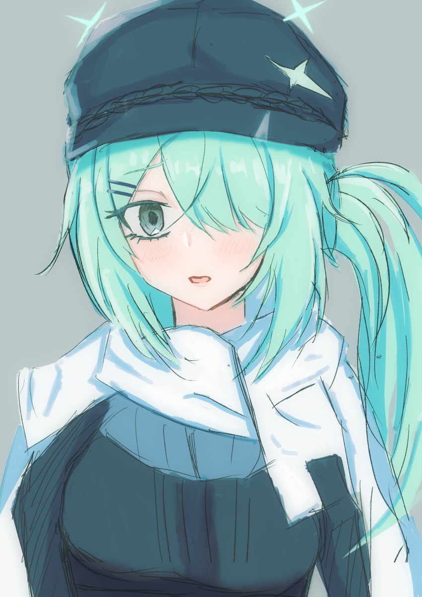 1girl absurdres aqua_eyes aqua_hair black_headwear blue_archive cabbie_hat collared_shirt commentary_request hair_over_one_eye halo hat hat_ornament highres hiyori_(blue_archive) long_hair long_sleeves looking_at_viewer miyaco86 scarf shirt side_ponytail sketch star_(symbol) star_halo star_hat_ornament very_long_hair white_scarf