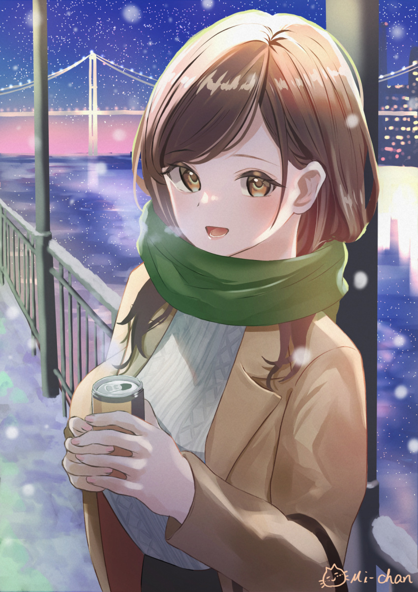 1girl :d artist_name bangs blush brown_coat brown_hair can canned_coffee coat from_side green_scarf highres holding holding_can long_hair looking_at_viewer michan127neko original ribbed_sweater scarf smile sweater swept_bangs white_sweater