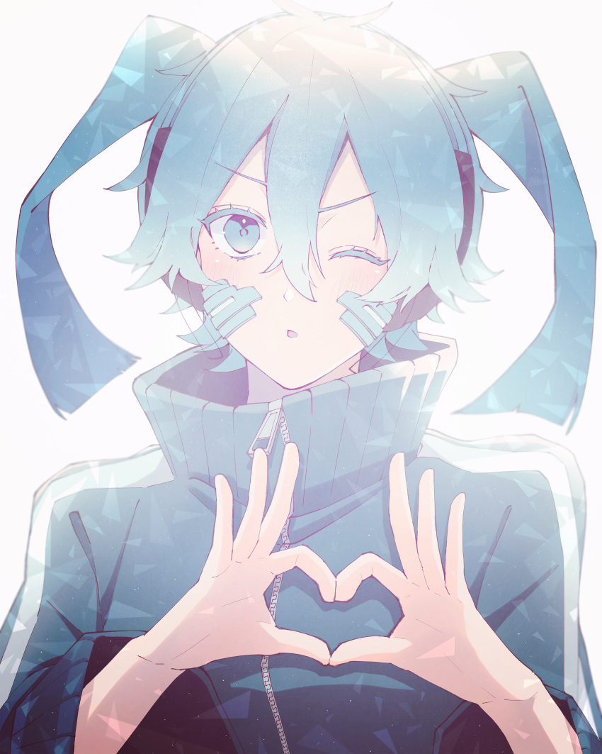 11_10_11 1girl absurdres bangs blue_eyes blue_hair blue_jacket blunt_ends blush chestnut_mouth collared_jacket colored_eyelashes ene_(kagerou_project) facial_mark gradient_hair hair_between_eyes headphones heart heart_hands highres jacket kagerou_project light_blue_hair looking_at_viewer mekakucity_actors multicolored_hair one_eye_closed parted_lips popped_collar portrait simple_background sleeves_past_elbows solo third-party_source track_jacket twintails upper_body white_background zipper