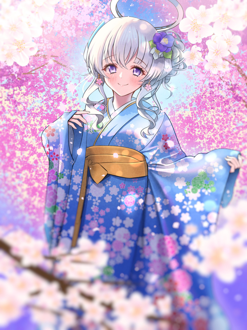 1girl absurdres alternate_costume blue_archive blue_kimono blurry blurry_background blush closed_mouth commentary_request earrings floral_print flower grey_hair hair_bun hair_flower hair_ornament halo hands_up headgear highres japanese_clothes jewelry kimono long_hair long_sleeves nano_(blueoekaki) noa_(blue_archive) sash smile solo standing white_sleeves