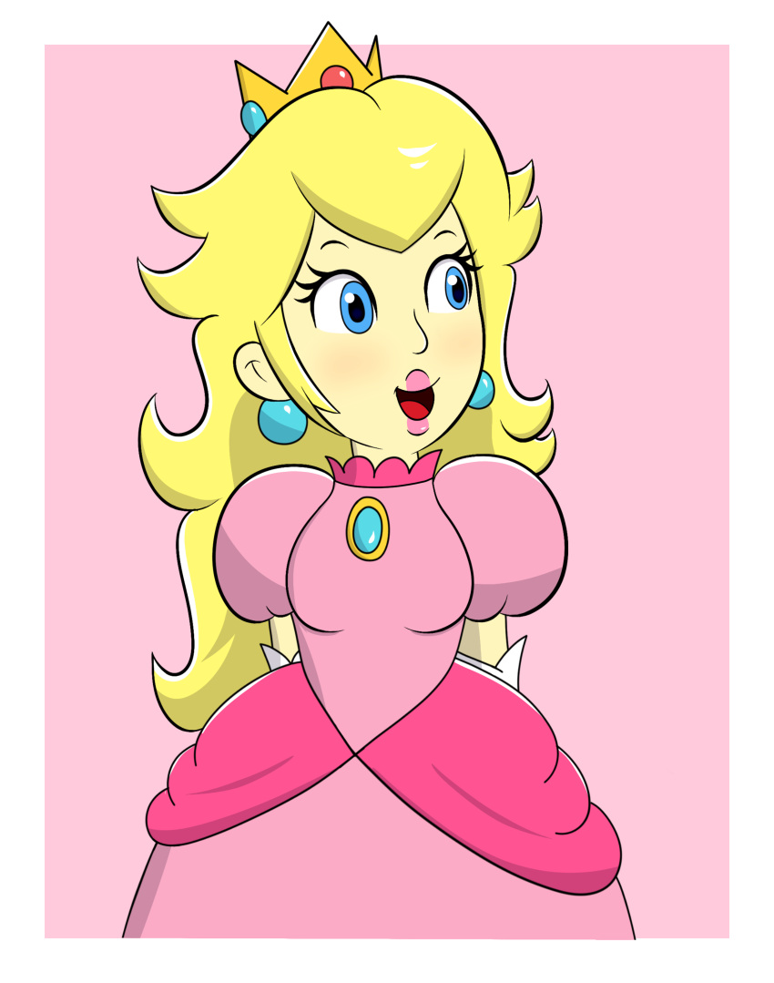 1girl absurdres bangs blonde_hair blue_eyes brooch crown dress earrings fenrirseven gloves highres jewelry long_dress long_hair open_mouth pink_dress princess_peach smile solo super_mario_bros. white_gloves