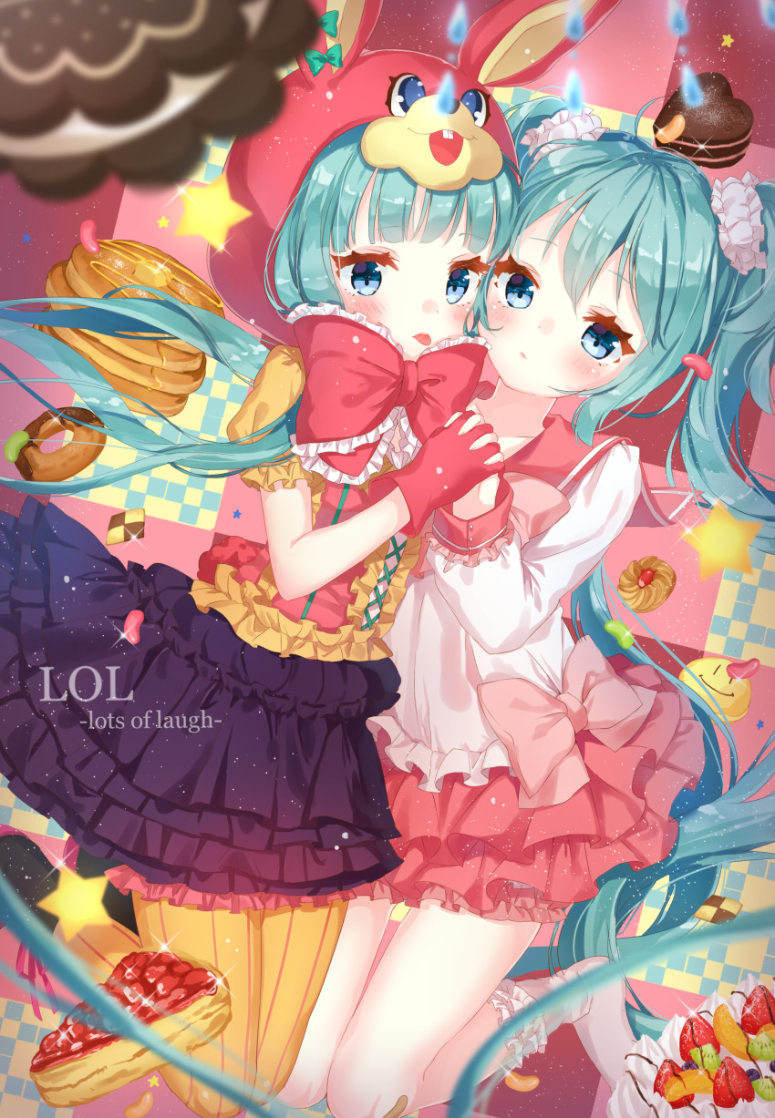 2girls absurdres animal_hood aqua_eyes aqua_hair blush collared_shirt commentary_request dress dual_persona food frilled_dress frilled_skirt frilled_sleeves frills gloves hatsune_miku heart highres hood hoodie jimmy_madomagi long_hair long_sleeves looking_at_viewer lots_of_laugh_(vocaloid) multiple_girls open_mouth pancake rabbit_hood red_gloves red_ribbon ribbon shirt short_sleeves skirt twintails very_long_hair vocaloid