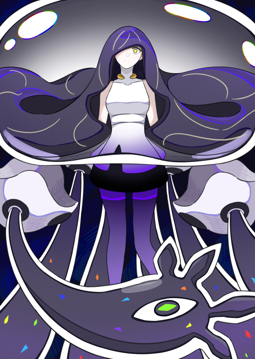 1girl absurdres bangs black_hair blunt_bangs closed_mouth commentary_request dress enzan_(midori_t0905) hair_over_one_eye highres long_hair looking_at_viewer lusamine_(pokemon) lusamine_fused_(pokemon) multicolored_hair nihilego pantyhose pokemon pokemon_(game) pokemon_sm purple_pantyhose short_dress sleeveless sleeveless_dress solo split_mouth streaked_hair tentacles very_long_hair white_dress yellow_eyes