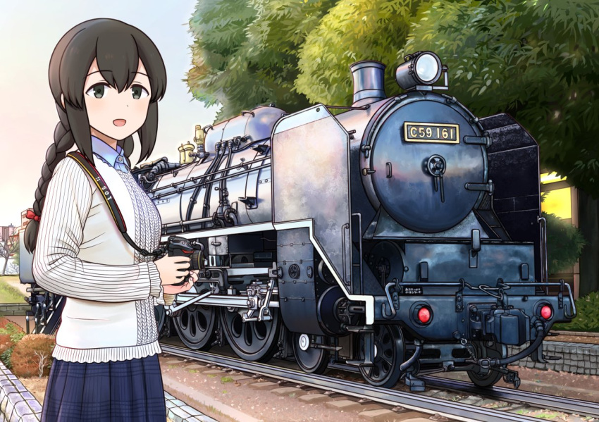 1girl bangs black_eyes black_hair blue_shirt blue_skirt blush braid camera collared_shirt commentary_request ground_vehicle hair_between_eyes hiroshima hitakikan holding holding_camera isonami_(kancolle) kantai_collection locomotive long_hair long_sleeves open_mouth outdoors pleated_skirt railroad_tracks real_world_location shirt skirt smile solo steam_locomotive train twin_braids upper_body vehicle_focus white_shirt