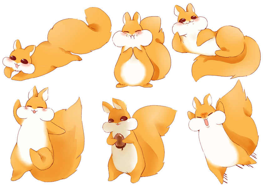 1girl :i acorn akatsuki_no_yona aminyao animal ao_(squirrel)_(akatsuki_no_yona) blush brown_eyes closed_mouth commentary_request eating multicolored_fur no_humans open_mouth orange_fur solo squirrel tail white_background white_fur