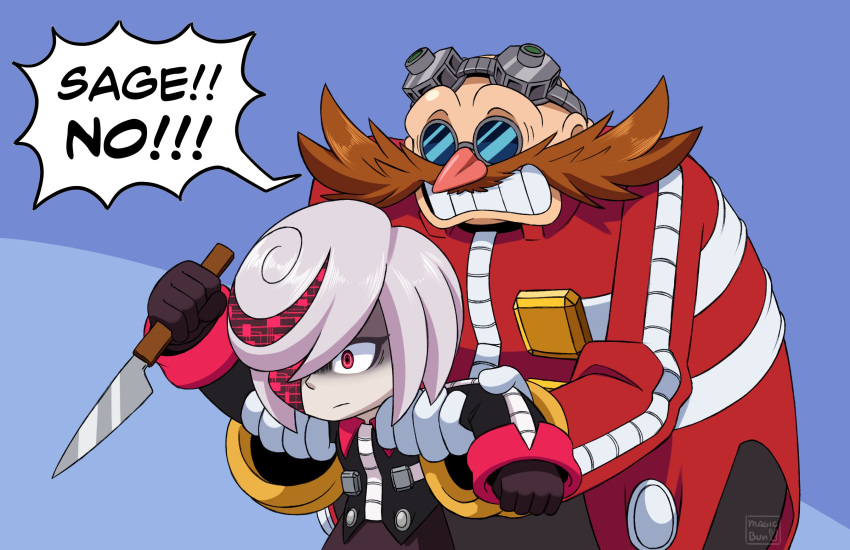 1boy 1girl arm_grab arms_up artist_name bald bangs black_jacket black_pants blue_background buttons closed_mouth collared_jacket dr._eggman english_commentary english_text eyelashes facial_hair father_and_daughter glasses gloves grabbing grey_hair hair_between_eyes hair_over_one_eye hands_up highres holding holding_knife holding_weapon jacket knife long_sleeves looking_to_the_side magicbun multicolored_hair mustache pants pink_hair purple_skirt red_eyes red_jacket round_eyewear sage_(sonic) scared short_hair simple_background skirt sonic_(series) sonic_frontiers speech_bubble standing teeth two-tone_hair weapon white_gloves wing_collar
