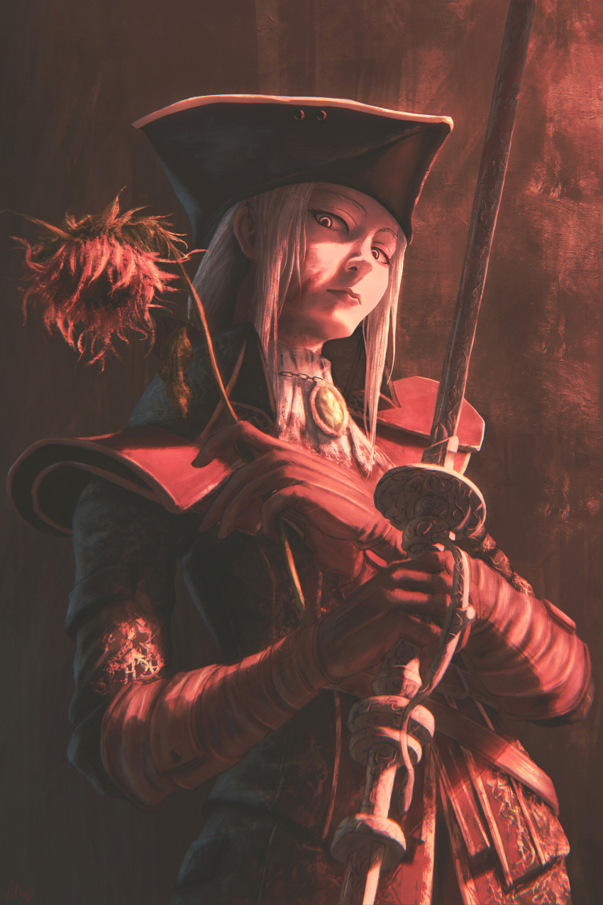1girl absurdres armor bloodborne bright_pupils brown_background elbow_gloves flower gloves hat highres holding holding_flower holding_sword holding_weapon jewelry lady_maria_of_the_astral_clocktower long_hair looking_at_viewer pendant portrait rakuyo_(bloodborne) shoulder_armor solo sunflower sword tricorne valky_uniguri weapon white_hair white_pupils wilted_flower