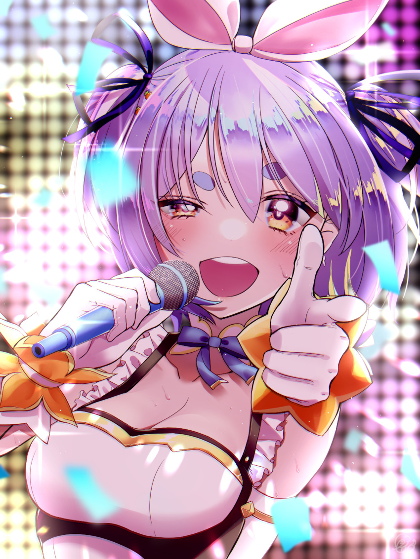 1girl animal_ears blue_hair blush breasts bunny-shaped_eyewear carrot_hair_ornament food-themed_hair_ornament gloves hair_ornament hair_ribbon half-closed_eyes highres hololive hololive_idol_uniform idol idol_clothes leonis_g looking_at_viewer medium_breasts microphone open_mouth pointing pointing_at_viewer purple_ribbon rabbit_ears rabbit_girl red_eyes ribbon short_hair solo sparkle sweat symbol-shaped_pupils teeth thick_eyebrows twintails upper_teeth_only usada_pekora virtual_youtuber white_gloves wristband