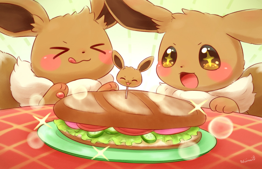 &gt;_&lt; +_+ :p blush bread brown_fur closed_eyes closed_mouth commentary_request creature cucumber cucumber_slice eevee facing_viewer fluffy food food_focus highres lettuce looking_at_food no_humans open_mouth picnic plate pokemon pokemon_(creature) sandwich shii_(no-va_could) tomato tongue tongue_out