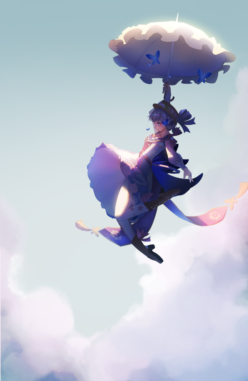 1girl above_clouds absurdres bangs blue_dress blue_eyes blue_hair blunt_bangs boots braid brown_footwear butterfly_hair_ornament closed_mouth clouds cross-laced_footwear dress floral_print flower frilled_dress frills from_side genshin_impact hair_flower hair_ornament hair_up hat hat_flower hat_ribbon high_heel_boots high_heels highres holding holding_umbrella jumping kamisato_ayaka kamisato_ayaka_(springbloom_missive) knee_boots lace-up_boots light_blue_hair long_sleeves looking_at_viewer official_alternate_costume official_alternate_hairstyle pantyhose parasol puffy_long_sleeves puffy_sleeves qixia ribbon solo umbrella white_pantyhose white_ribbon white_umbrella