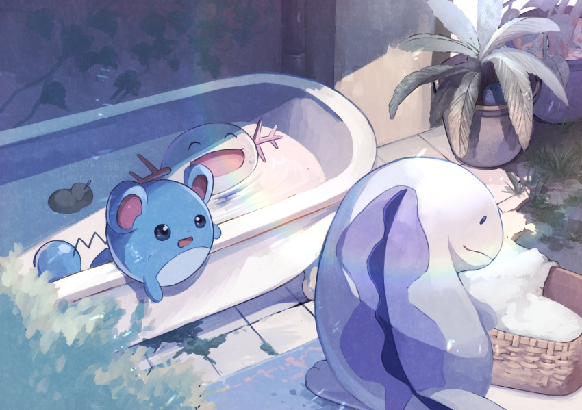 :d ^_^ basket bathing bathtub berry_(pokemon) black_eyes closed_eyes closed_mouth commentary_request eko_(wk_egg) evolutionary_line highres marill no_humans open_mouth plant pokemon pokemon_(creature) potted_plant quagsire sitrus_berry smile towel water watermark wooper