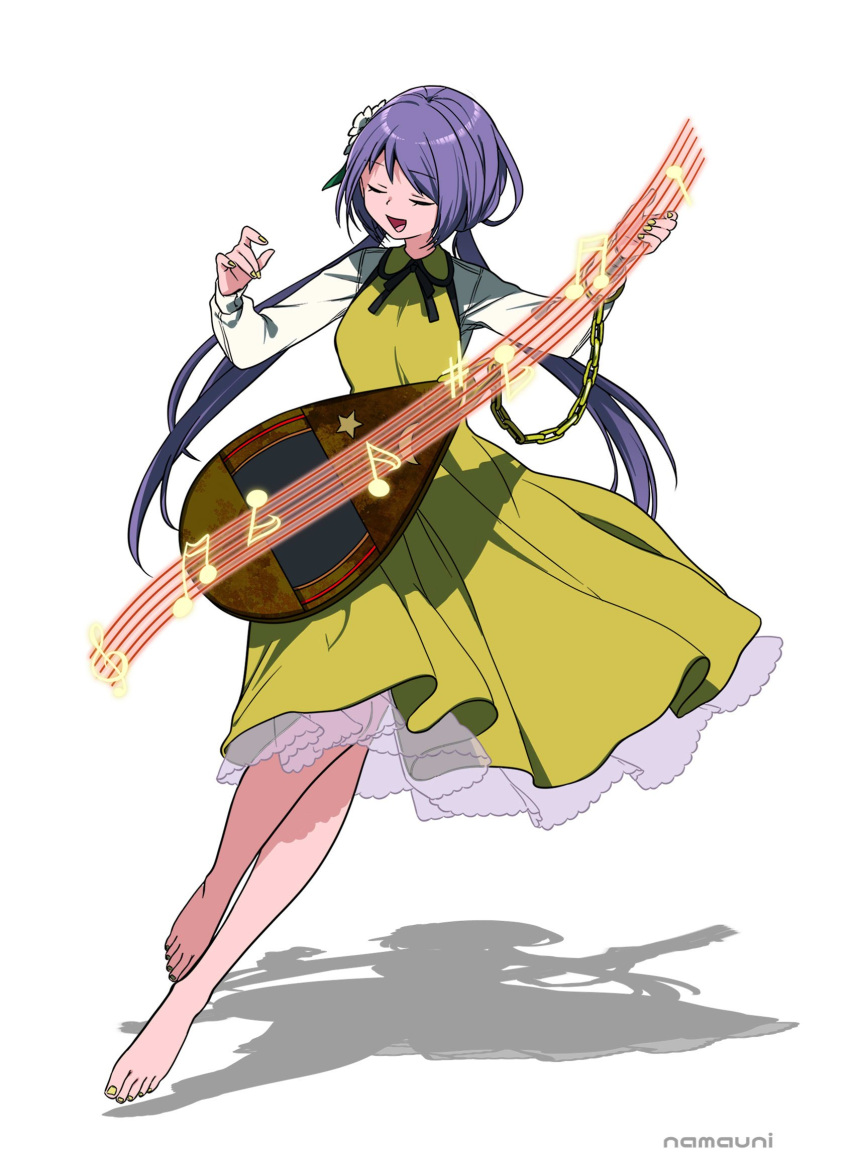 1girl artist_name barefoot beamed_sixteenth_notes biwa_lute chain closed_eyes dress fingernails flower frilled_dress frills full_body hair_flower hair_ornament highres instrument long_hair long_sleeves lute_(instrument) music musical_note nail_polish namauni open_mouth playing_instrument purple_hair quarter_note quarter_rest shadow simple_background sixteenth_note smile solo toenail_polish toenails touhou treble_clef tsukumo_benben twintails white_background white_flower yellow_dress yellow_nails