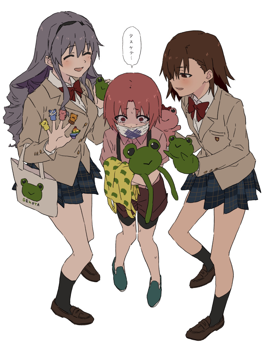 3girls @_@ ^_^ absurdres animal_print astral_buddy bag bangs bike_shorts black_socks blazer blue_footwear blue_hair blush bow bowtie breasts brown_eyes brown_footwear brown_hair brown_shorts checkered_clothes checkered_skirt closed_eyes collared_shirt commentary_request drill_hair frog_print full_body gekota grey_hair hairband hand_puppet highres hokaze_junko iizumi_rita invisible_floor jacket loafers long_hair long_sleeves mask medium_breasts medium_hair merchandise miniskirt misaka_mikoto mouth_mask multiple_girls no_socks open_mouth parted_bangs pink_eyes pink_hair pink_shirt plaid plaid_skirt pleated_skirt puppet pyonko red_bow red_bowtie school_uniform shirt shoes short_hair short_sleeves shorts simple_background skirt small_breasts smile socks speech_bubble standing stuffed_animal stuffed_frog stuffed_toy surgical_mask suspender_shorts suspenders sweat tearing_up teruya_(6w6y) toaru_kagaku_no_railgun toaru_majutsu_no_index tokiwadai_school_uniform translated white_background white_shirt wing_collar