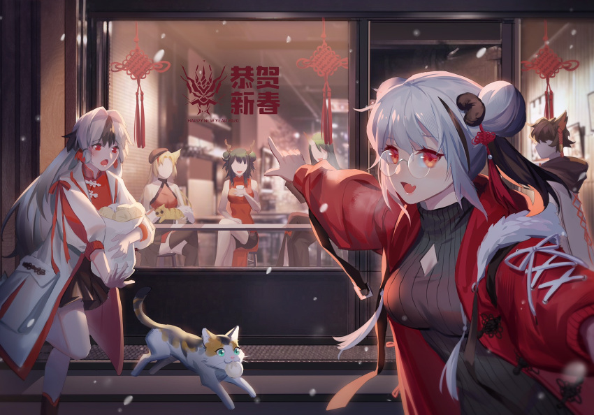 1boy 5girls :d aak_(arknights) alternate_costume animal_ears arknights bag bespectacled black_hair black_headwear black_shorts black_skirt black_sweater blonde_hair blue_hair breath brown_hair cat cat_ears ch'en_(ageless_afterglow)_(arknights) ch'en_(arknights) chasing china_dress chinese_clothes coat commentary crossed_legs double_bun dragon_horns dress faceless faceless_female faceless_male fang feater_(arknights) glasses green_hair grey_hair hair_bun happy_new_year highres holding holding_bag horns jacket liusha long_hair long_sleeves looking_at_viewer multicolored_hair multiple_girls official_alternate_costume oni_horns open_clothes open_coat open_mouth pointing red_dress red_eyes red_jacket red_shirt redhead round_eyewear shirt shorts skin_fang skirt smile snowsant_(arknights) streaked_hair sweater swire_(arknights) swire_(honor_and_splendor)_(arknights) tassel very_long_hair white_coat white_shorts
