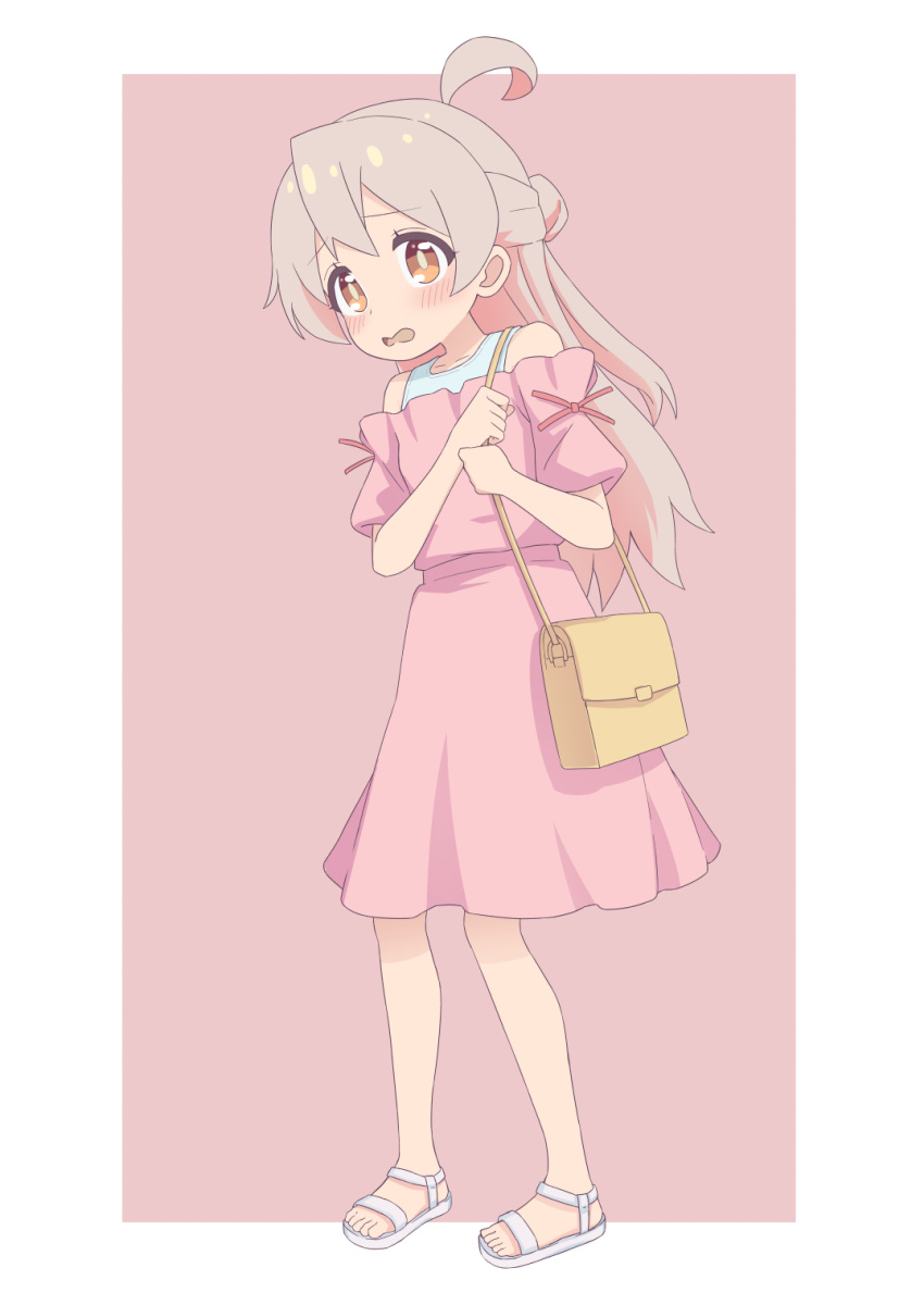 1girl ahoge bag bangs bare_arms bare_shoulders blush brown_eyes commentary dress full_body grey_hair half_updo highres holding holding_staff long_hair no_socks off-shoulder_dress off_shoulder onii-chan_wa_oshimai! open_mouth oyama_mahiro pink_background pink_dress rundraw sandals short_sleeves shoulder_bag simple_background solo staff standing wavy_mouth white_footwear
