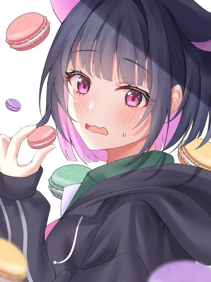 1girl animal_ears black_jacket blue_archive blurry blurry_foreground blush colored_inner_hair commentary extra_ears food hand_up highres holding holding_food hood hood_down hooded_jacket jacket kazusa_(blue_archive) long_sleeves looking_at_viewer looking_to_the_side macaron multicolored_hair nano_(blueoekaki) open_mouth pink_eyes short_hair sidelocks solo sweatdrop wavy_mouth white_background